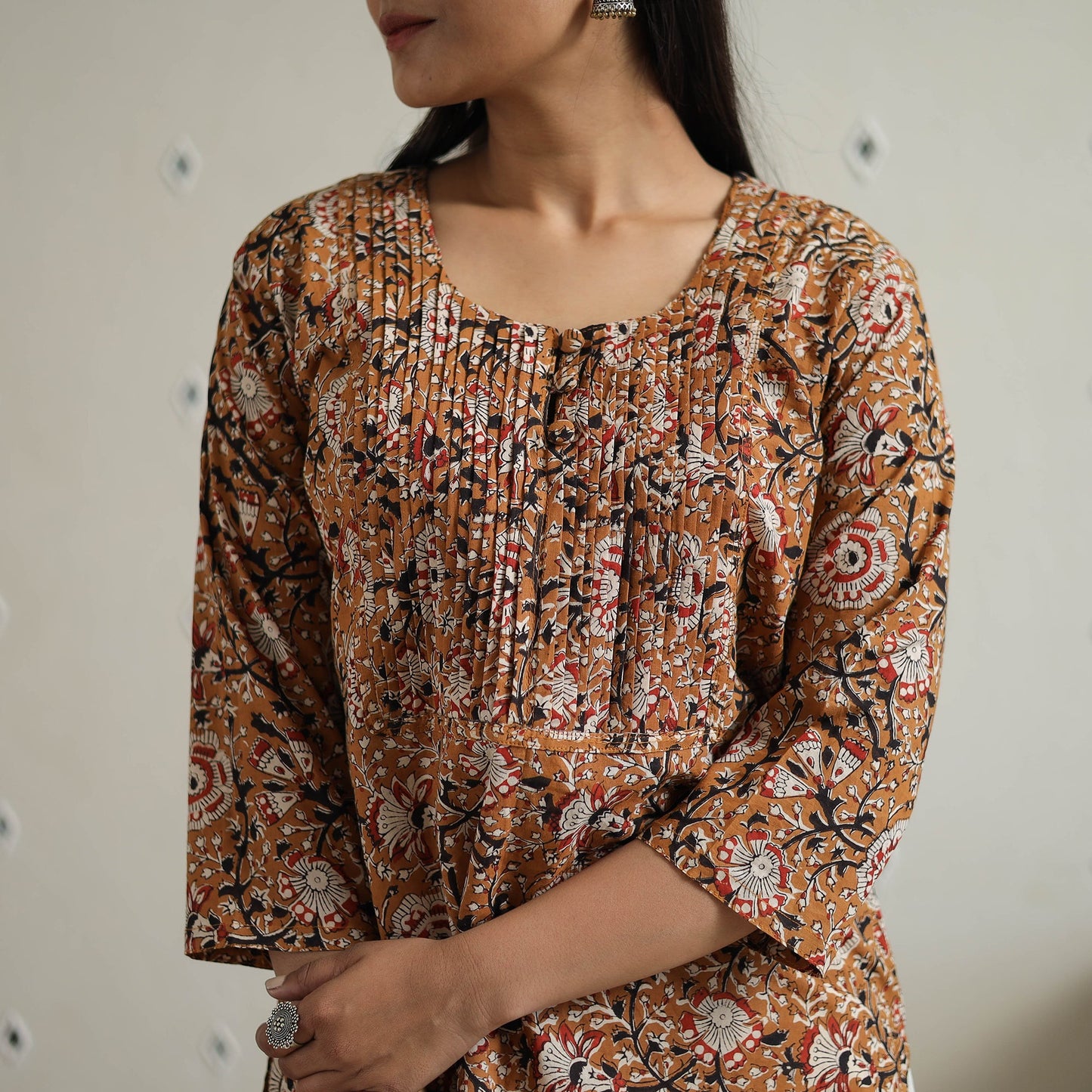 Hand Block Printed Cotton Short Pintuck Bagru Kurta for Women