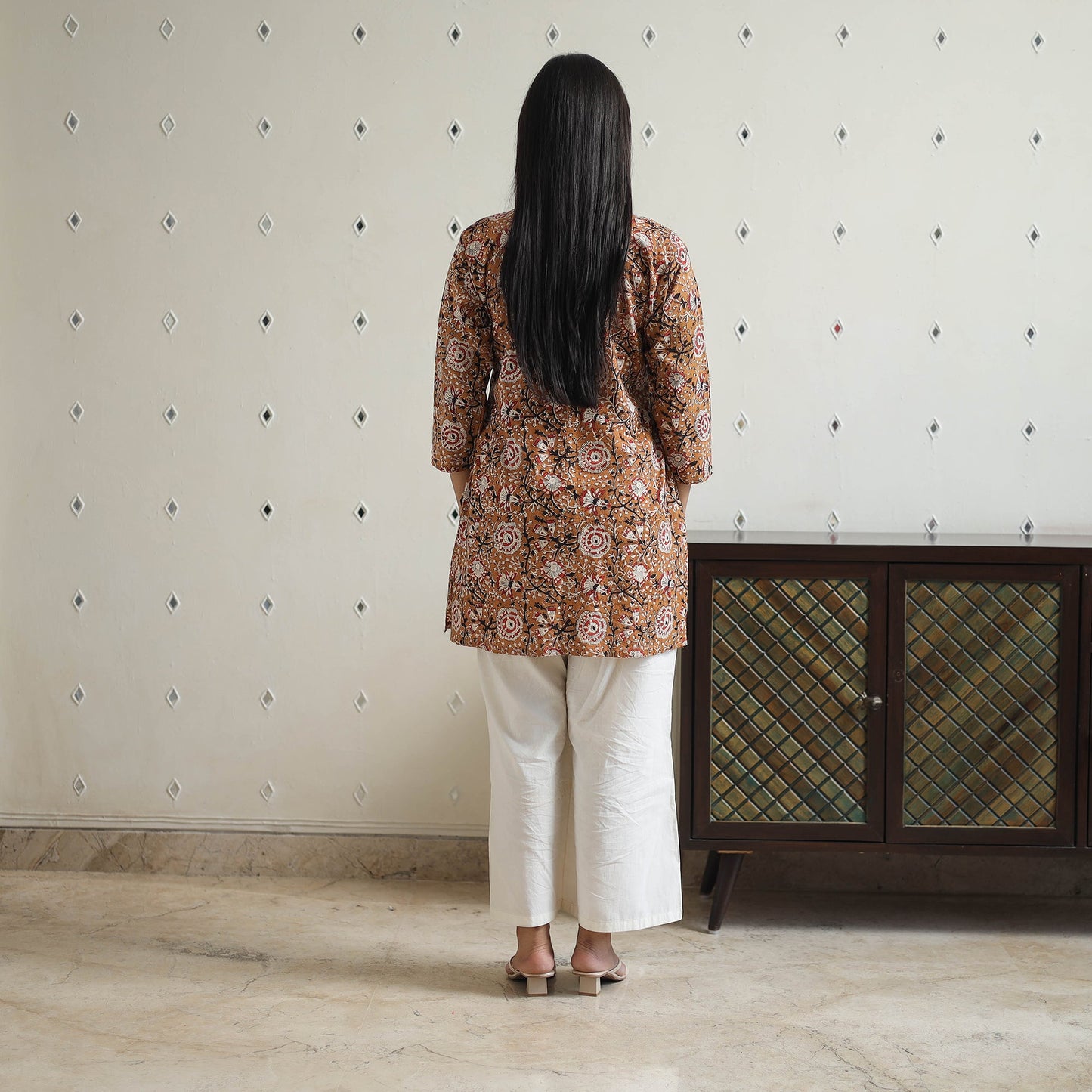 Hand Block Printed Cotton Short Pintuck Bagru Kurta for Women