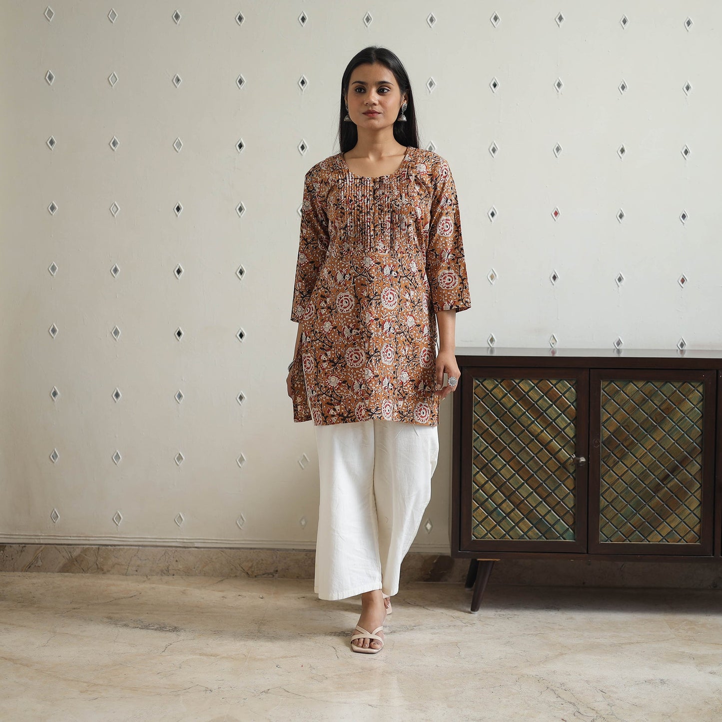 Hand Block Printed Cotton Short Pintuck Bagru Kurta for Women