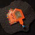 Orange Handcrafted Kutch Cutwork Leather Hand Mirror with Pouch