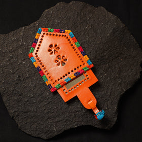 Orange Handcrafted Kutch Cutwork Leather Hand Mirror with Pouch