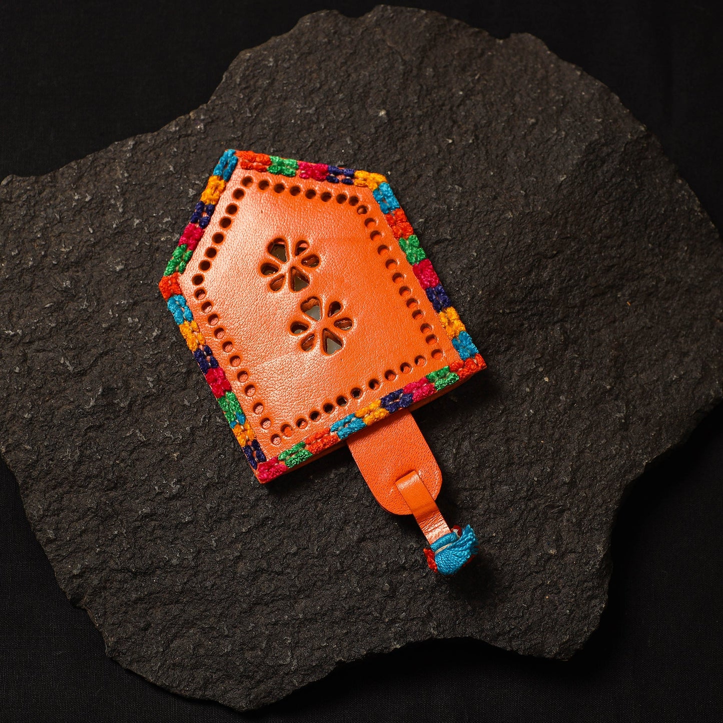 Orange Handcrafted Kutch Cutwork Leather Hand Mirror with Pouch