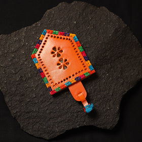 Orange Handcrafted Kutch Cutwork Leather Hand Mirror with Pouch