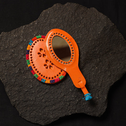 Orange Handcrafted Kutch Cutwork Leather Hand Mirror with Pouch