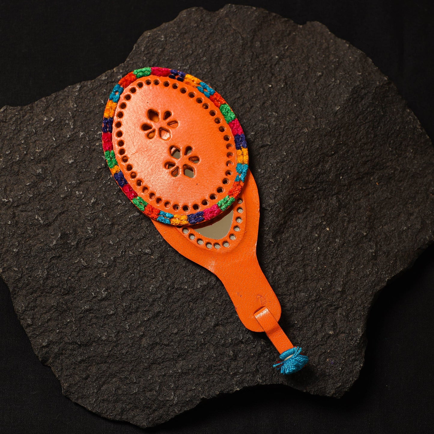 Orange Handcrafted Kutch Cutwork Leather Hand Mirror with Pouch
