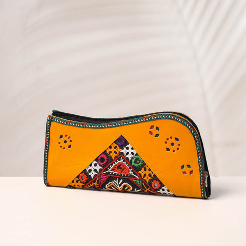 Orange Handcrafted Kutch Embroidery Leather Clutch / Wallet
