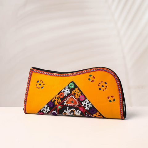 Orange Handcrafted Kutch Embroidery Leather Clutch / Wallet