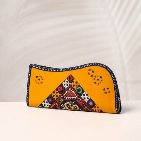 Orange Handcrafted Kutch Embroidery Leather Clutch / Wallet