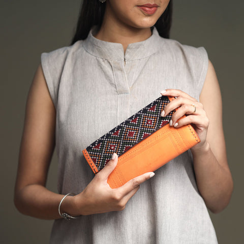 Orange Handcrafted Kutch Jat Embroidery Leather Wallet