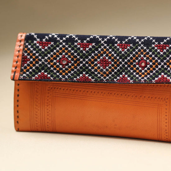 Orange - Handcrafted Kutch Embroidery Leather Clutch / Wallet