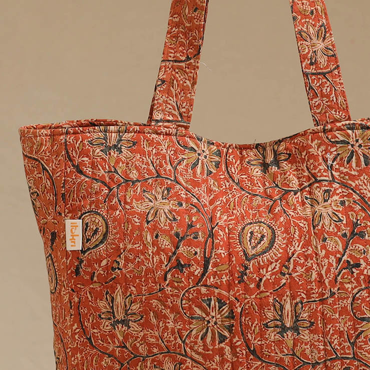 Handcrafted quilted kalamkari block printed fabric tote bag