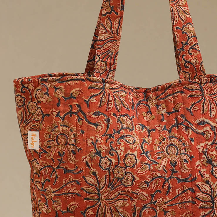 Handcrafted quilted kalamkari block printed fabric tote bag