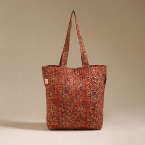 Handcrafted quilted kalamkari block printed fabric tote bag