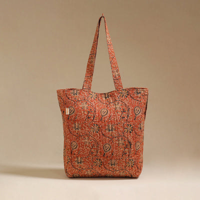 Handcrafted quilted kalamkari block printed fabric tote bag