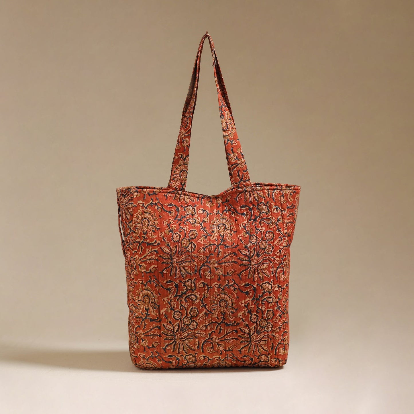 Handcrafted quilted kalamkari block printed fabric tote bag