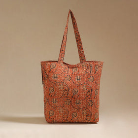 Handcrafted quilted kalamkari block printed fabric tote bag