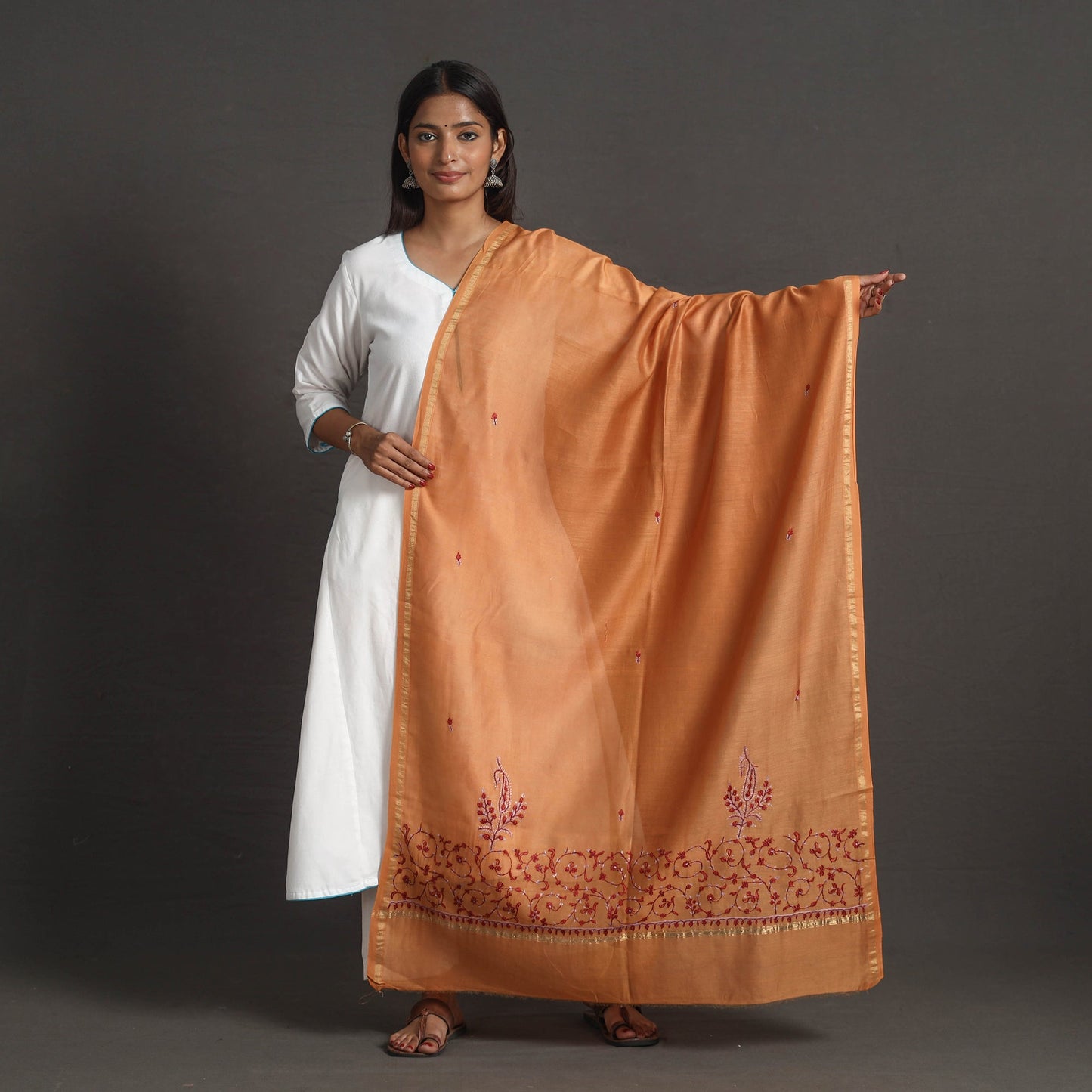 Orange Handloom Chanderi Silk Kashida Embroidery Dupatta Online