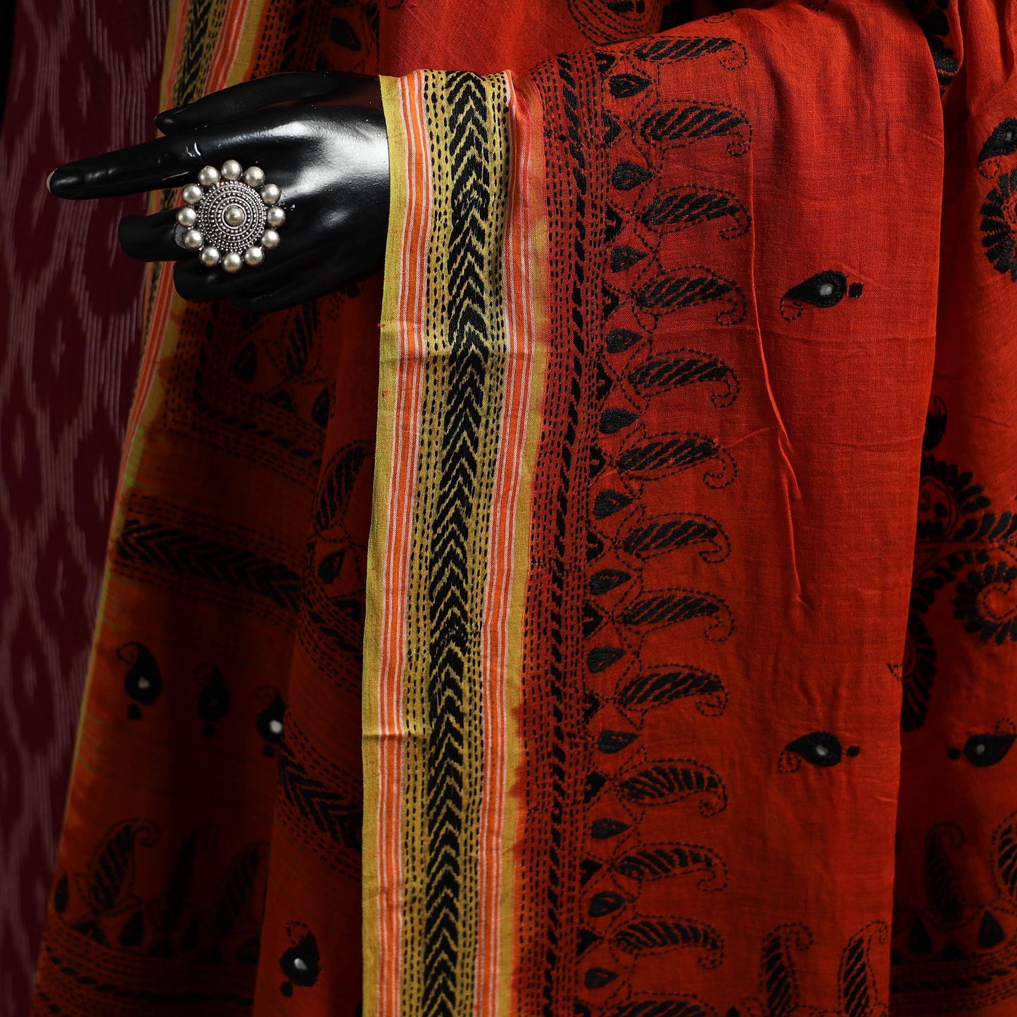 Orange - handloom cotton bengal hand kantha work dupatta 06