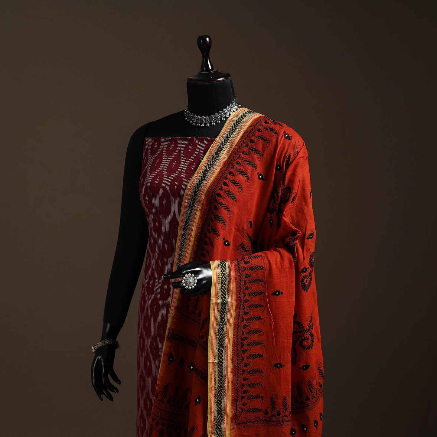 Orange - handloom cotton bengal hand kantha work dupatta 06