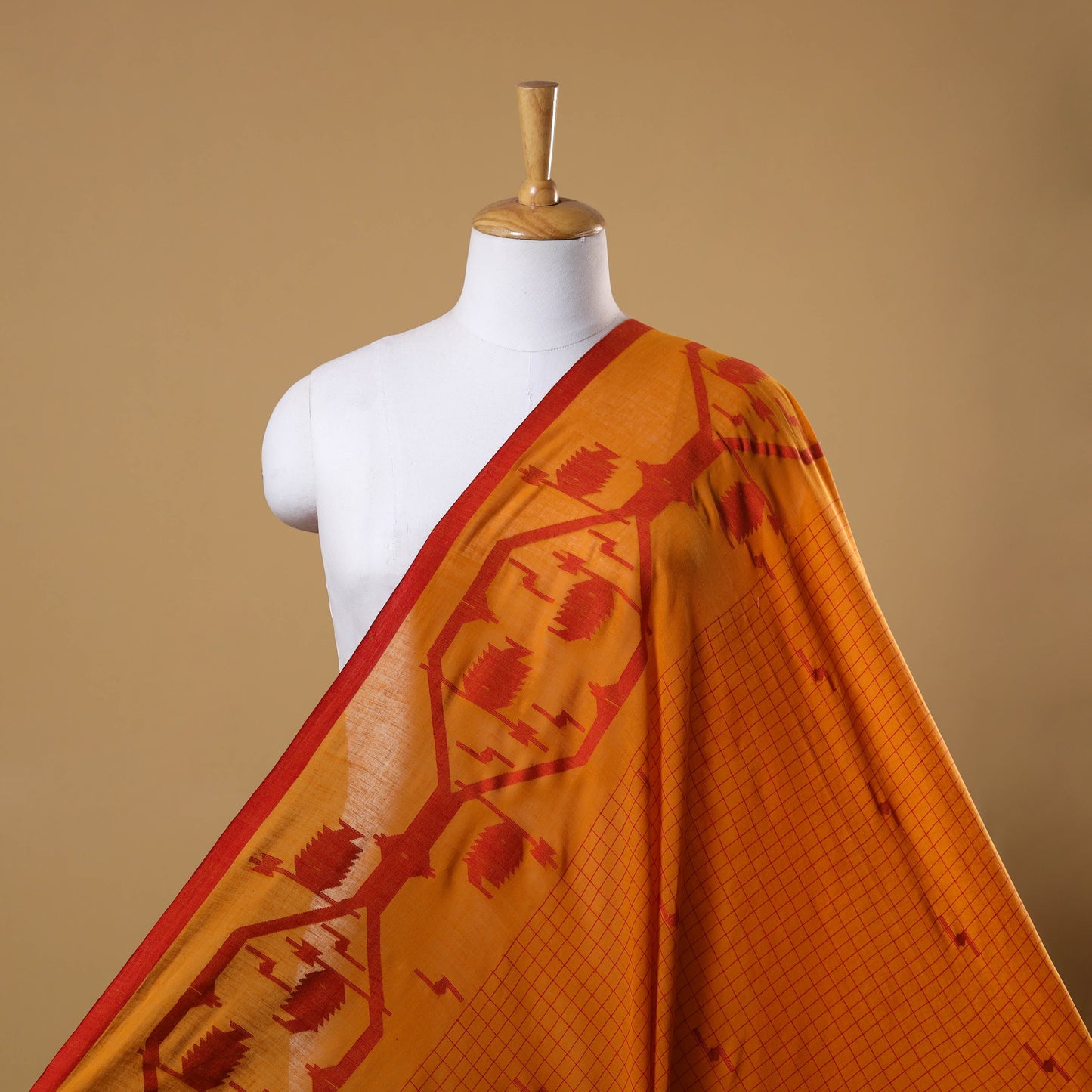 Orange Handloom Cotton Bengal Jamdani Fabric