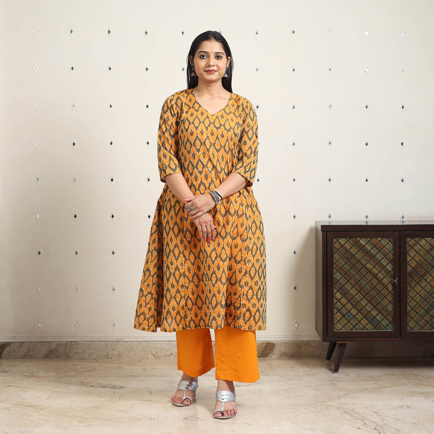 Orange Handloom Cotton A-Line Pochampally Ikat Kurta