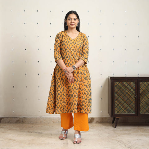 Orange Handloom Cotton A-Line Pochampally Ikat Kurta
