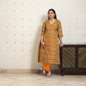 Orange Handloom Cotton A-Line Pochampally Ikat Kurta