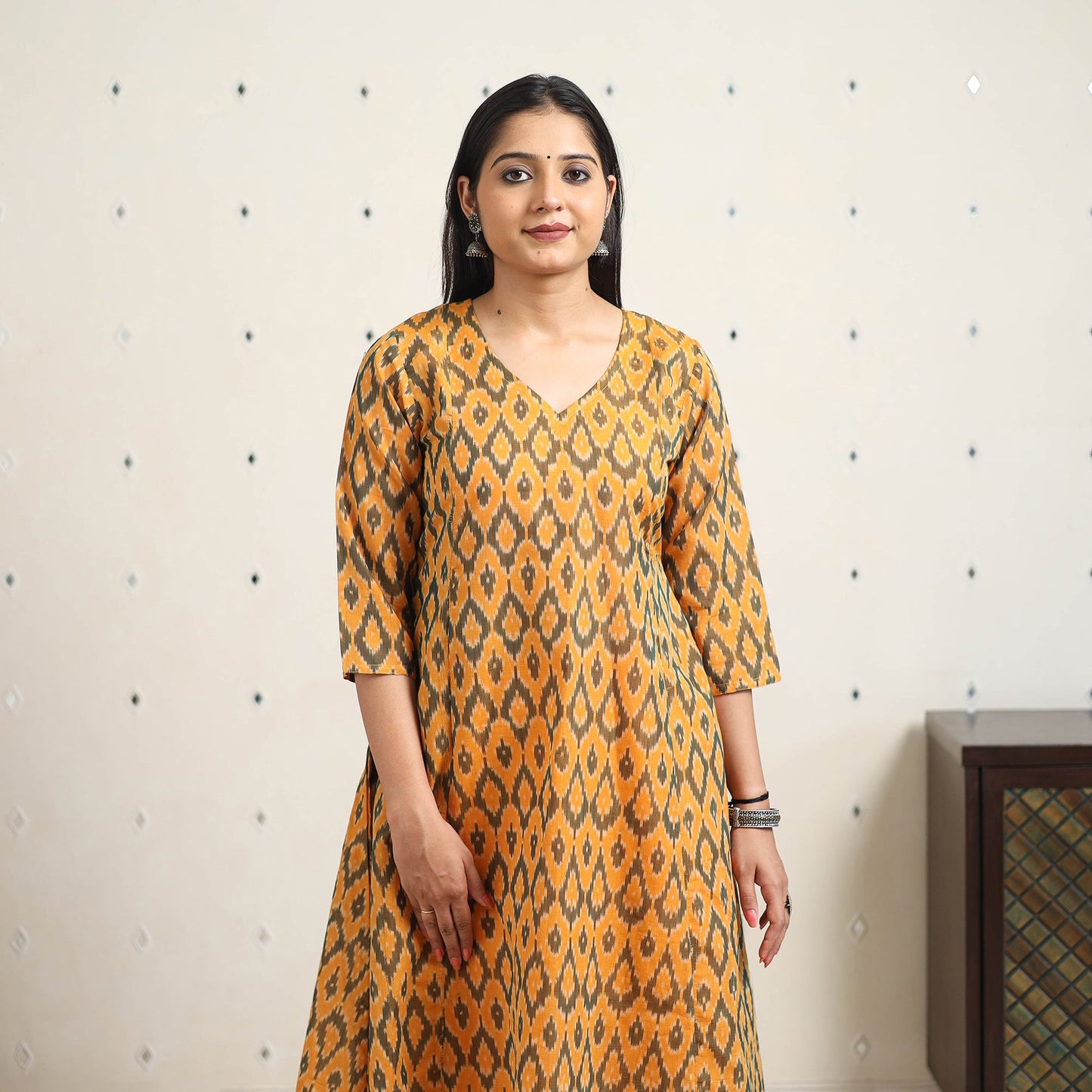 Orange Handloom Cotton A-Line Pochampally Ikat Kurta