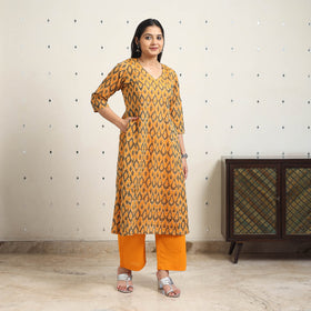 Orange Handloom Cotton A-Line Pochampally Ikat Kurta