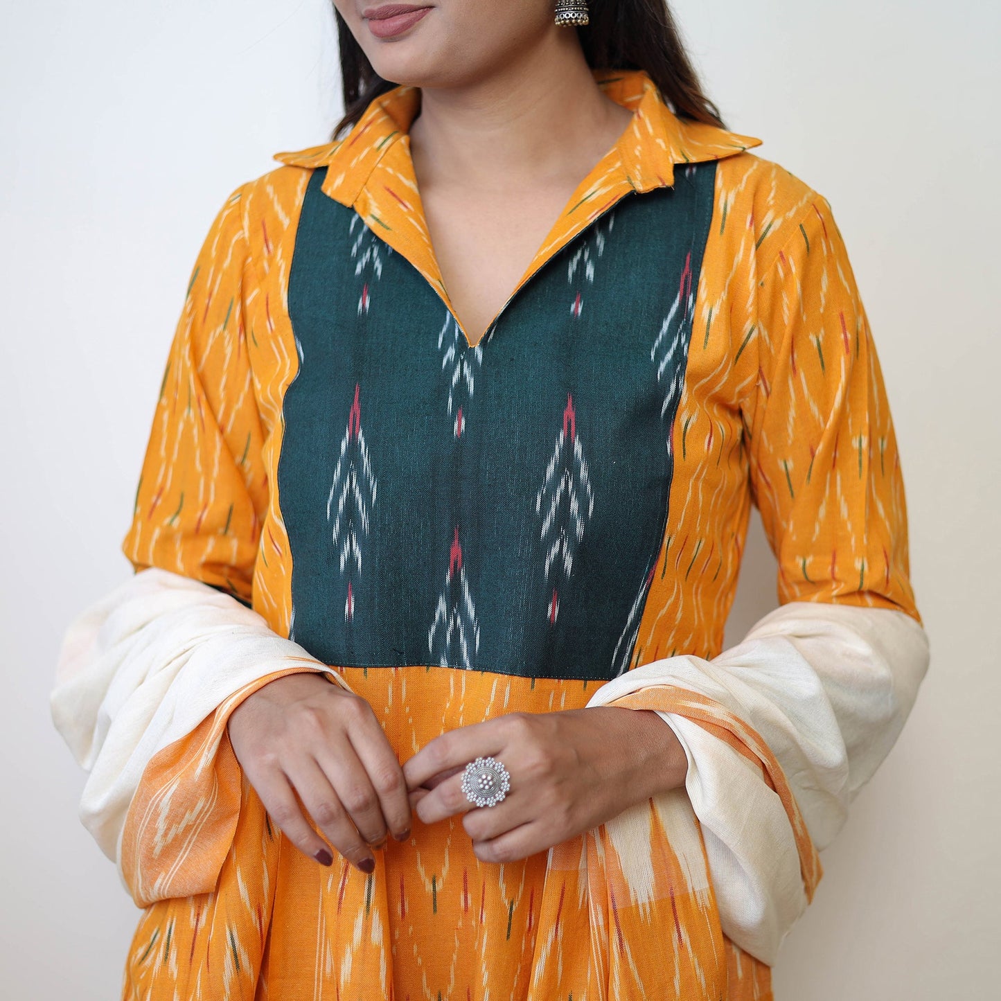 Orange - Handloom Cotton Pochampally Ikat Kurta Set 02