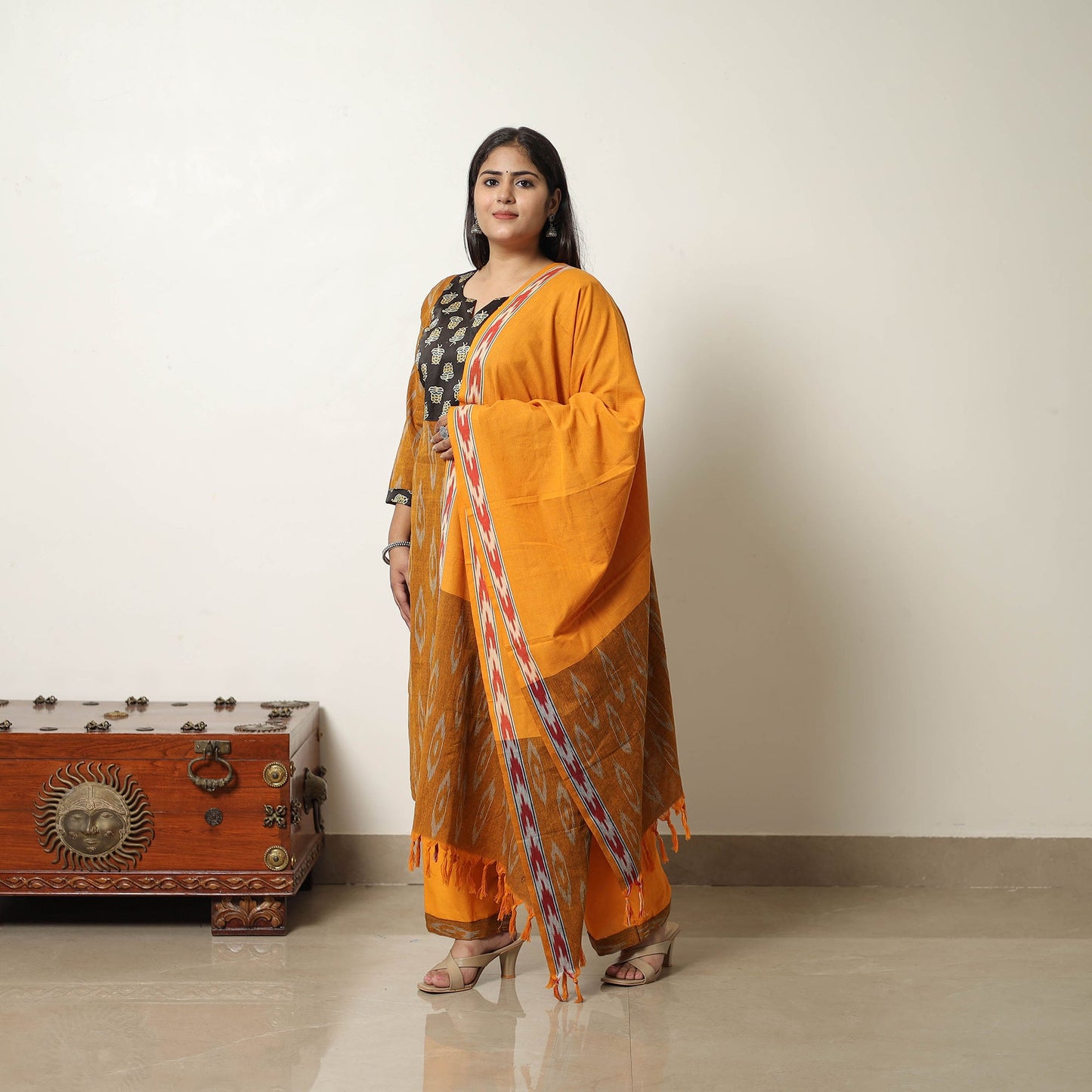  Orange Handloom Cotton Pochampally Ikat Kurta Set 