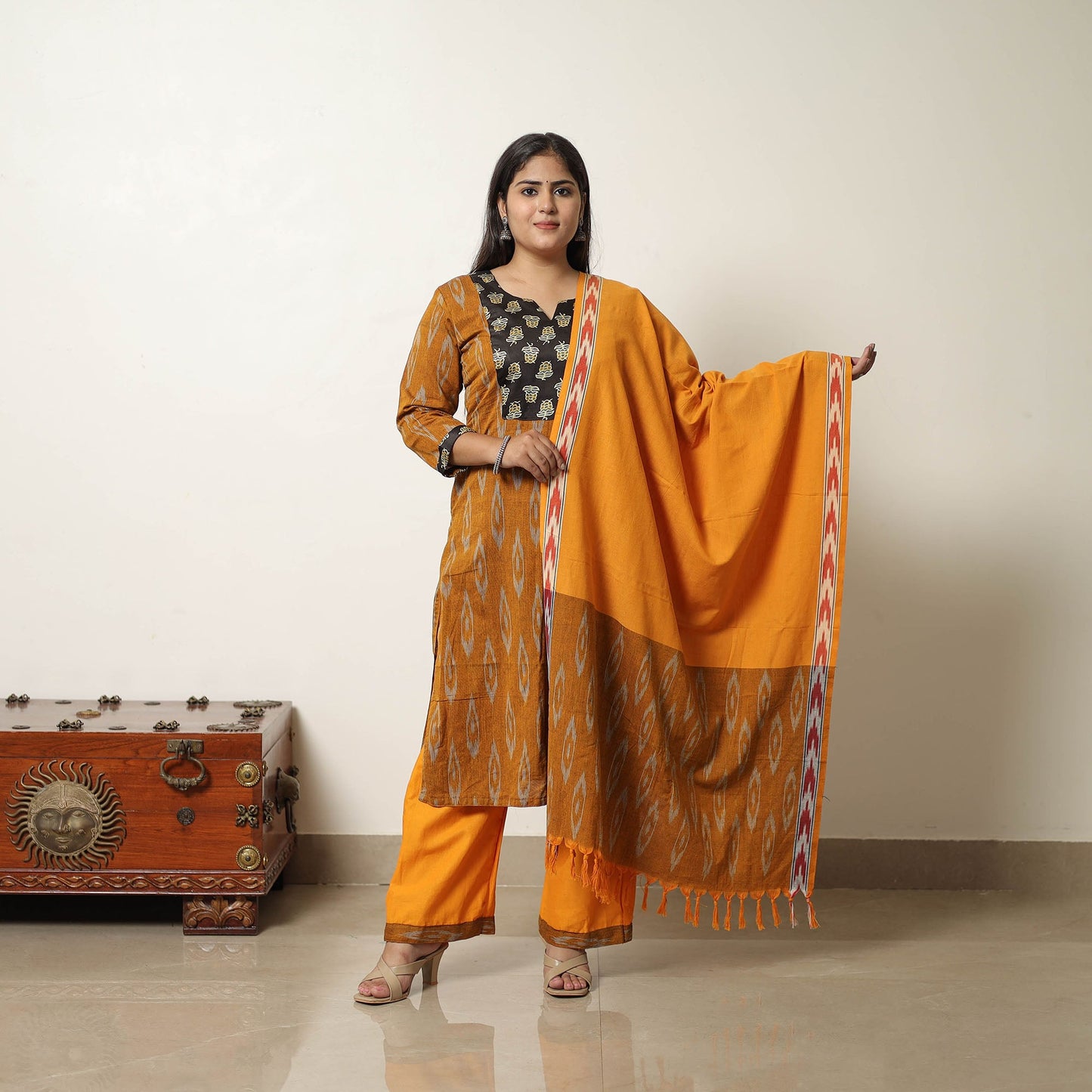  Orange Handloom Cotton Pochampally Ikat Kurta Set 