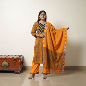  Orange Handloom Cotton Pochampally Ikat Kurta Set 