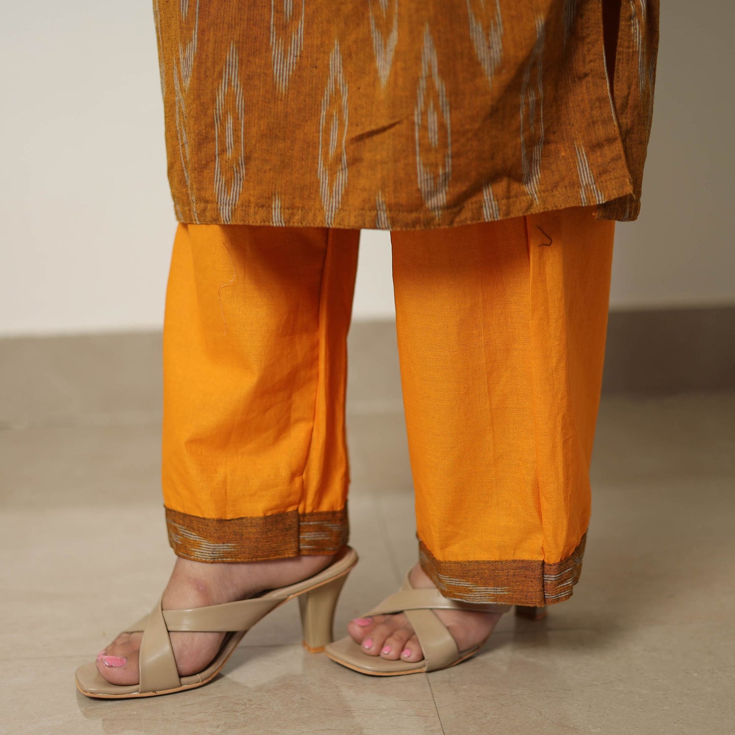  Orange Handloom Cotton Pochampally Ikat Kurta Set 