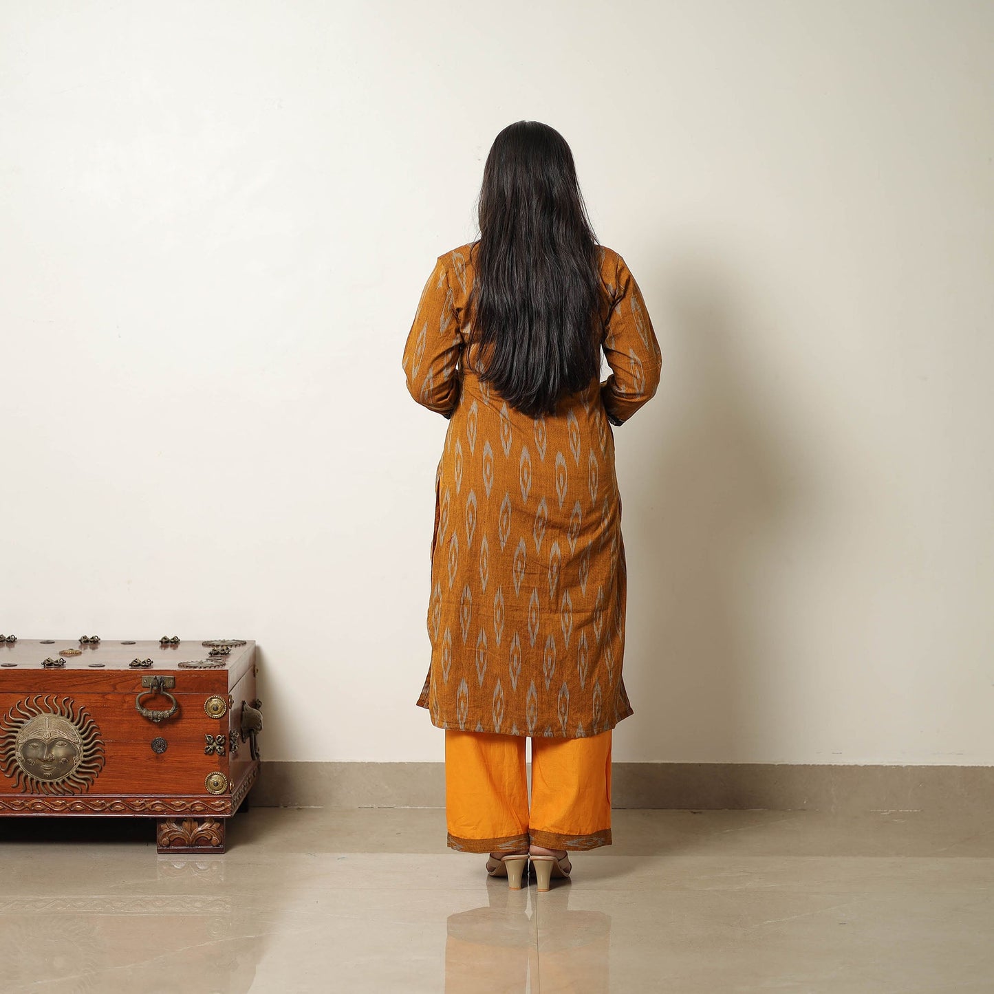  Orange Handloom Cotton Pochampally Ikat Kurta Set 