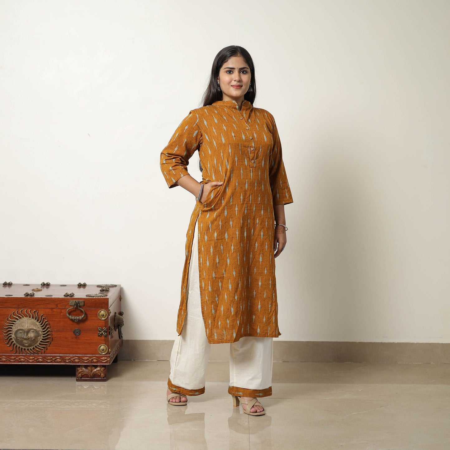 Orange Handloom Cotton Pochampally Ikat Kurta Set 
