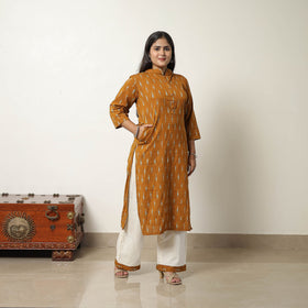  Orange Handloom Cotton Pochampally Ikat Kurta Set 