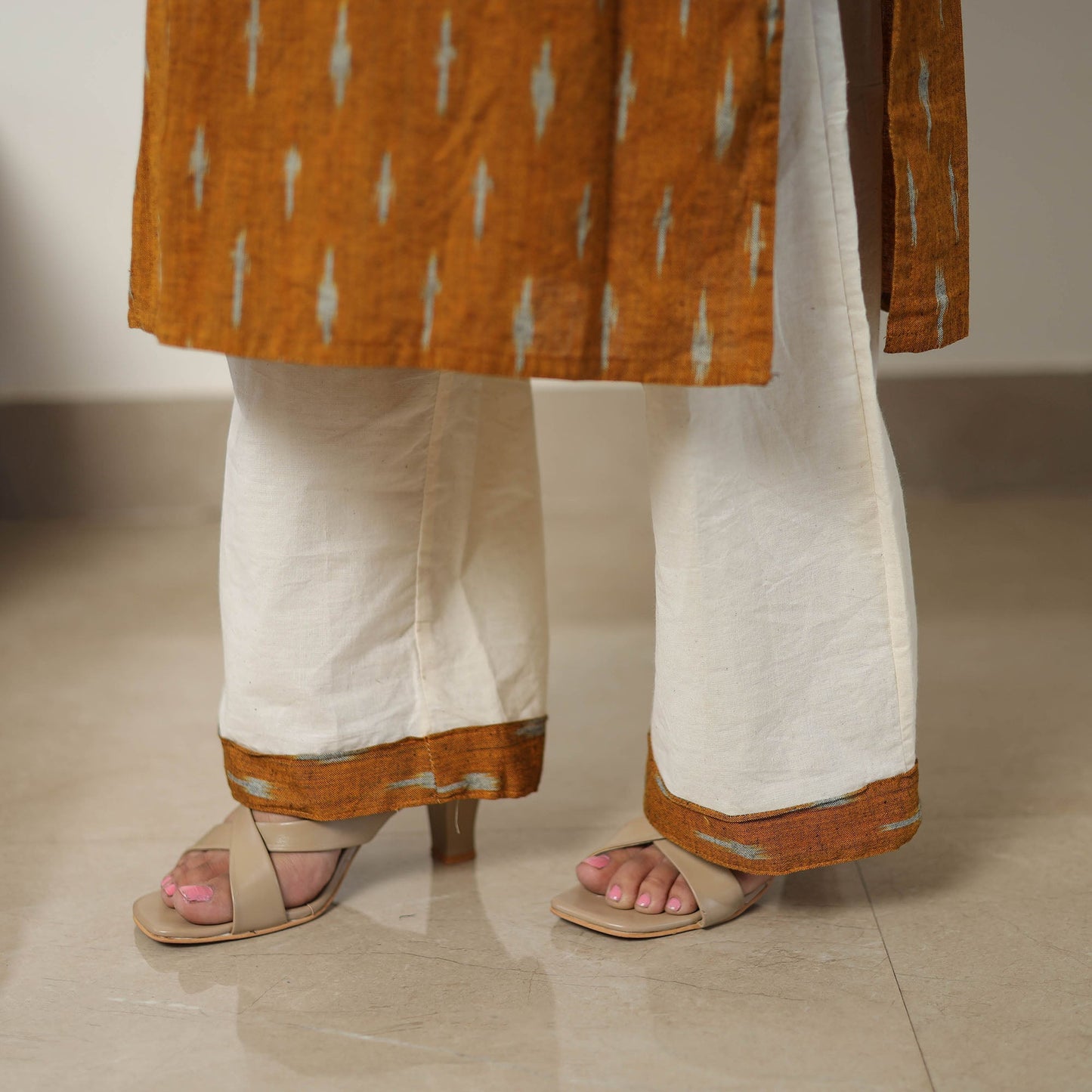  Orange Handloom Cotton Pochampally Ikat Kurta Set 