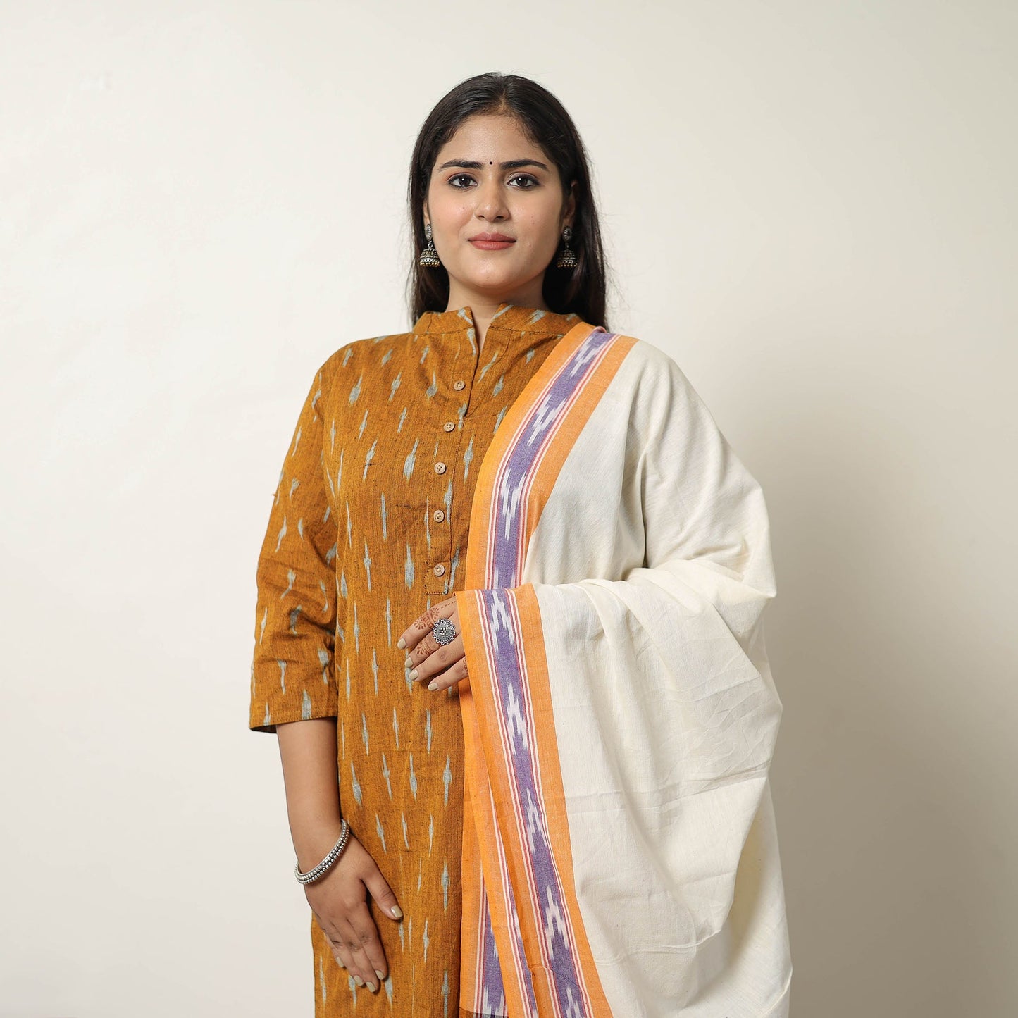  Orange Handloom Cotton Pochampally Ikat Kurta Set 