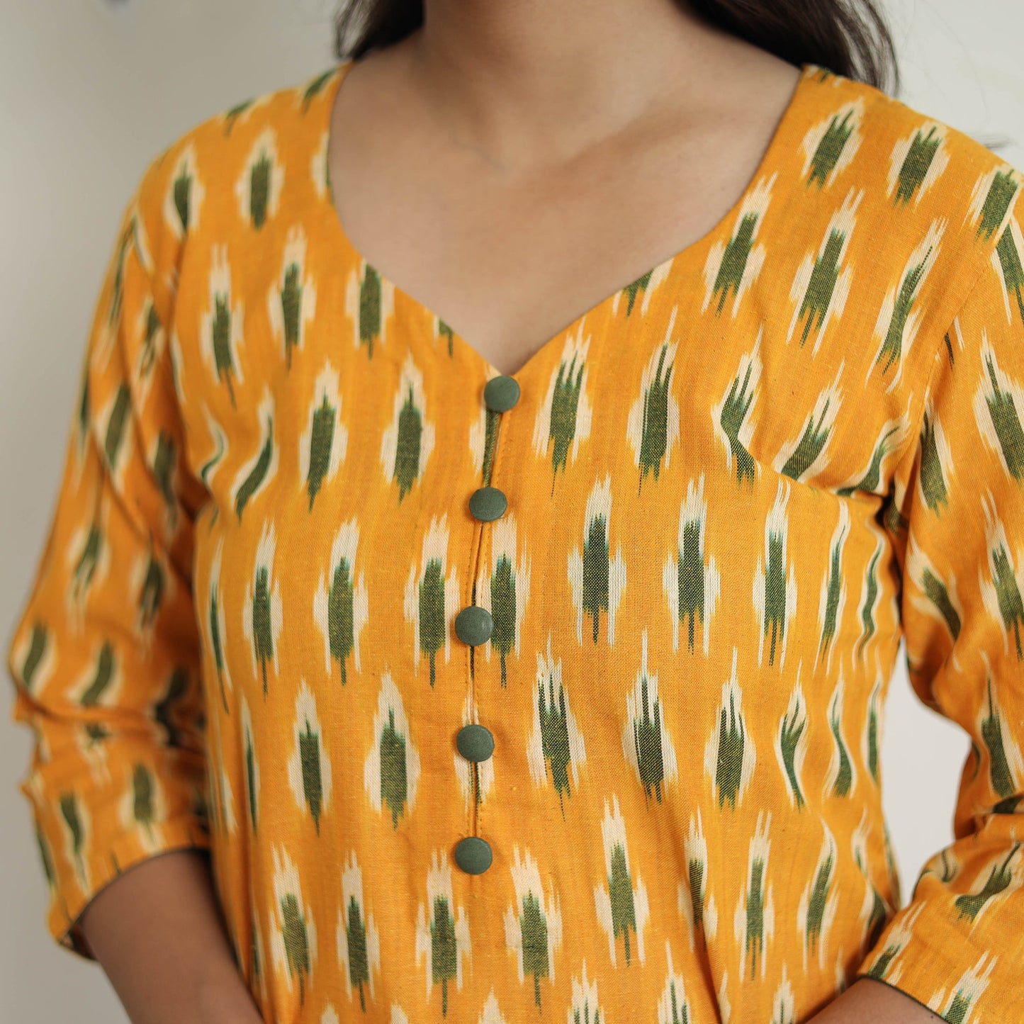 Orange Handloom Cotton Pochampally Ikat Kurta Set 