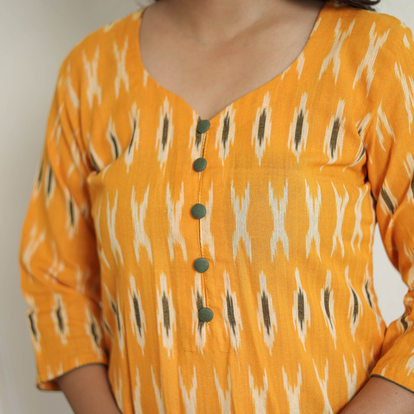  Orange Handloom Cotton Pochampally Ikat Kurta Set 