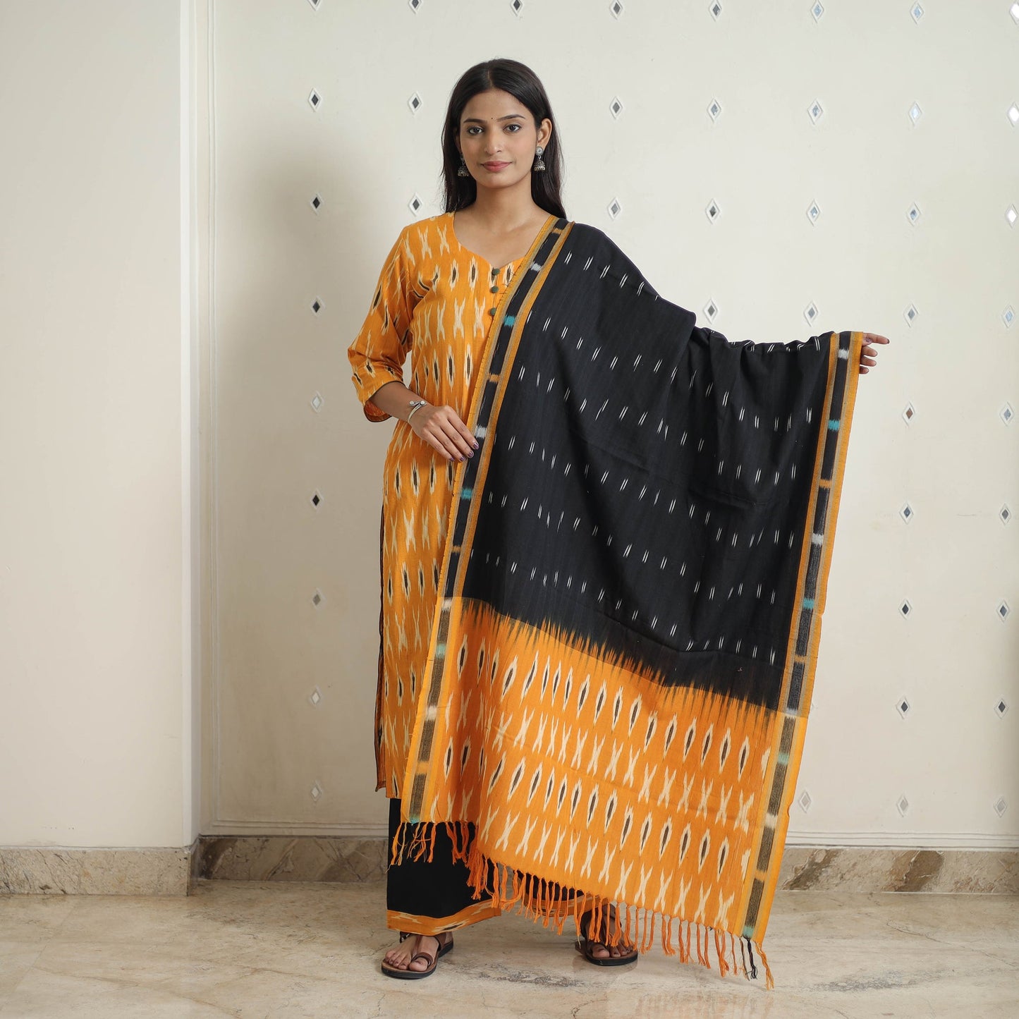  Orange Handloom Cotton Pochampally Ikat Kurta Set 