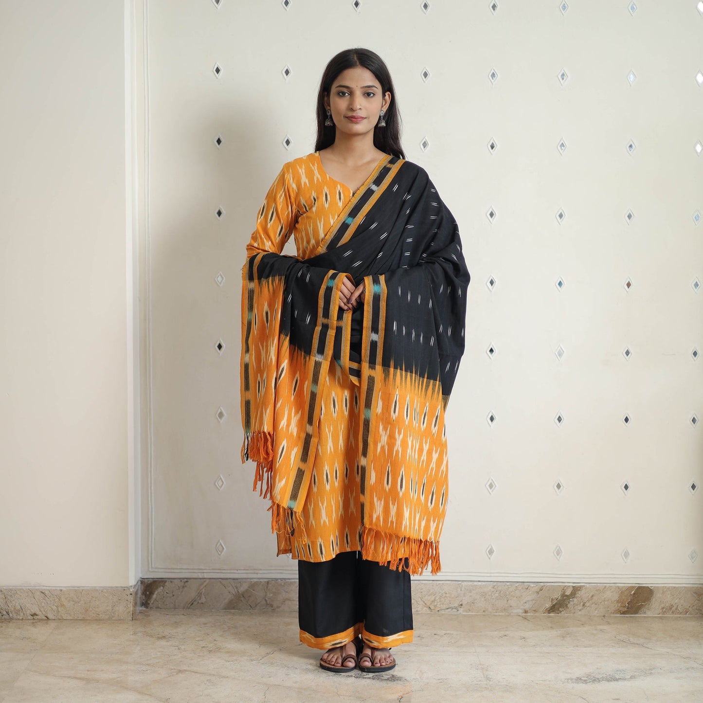  Orange Handloom Cotton Pochampally Ikat Kurta Set 