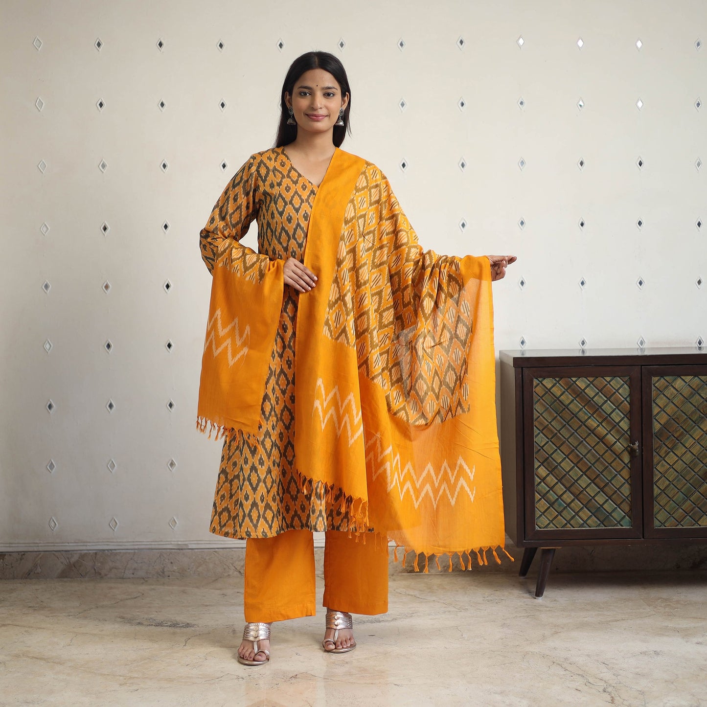 Orange Handloom Cotton Pochampally Ikat Kurta Set (Set of 3)
