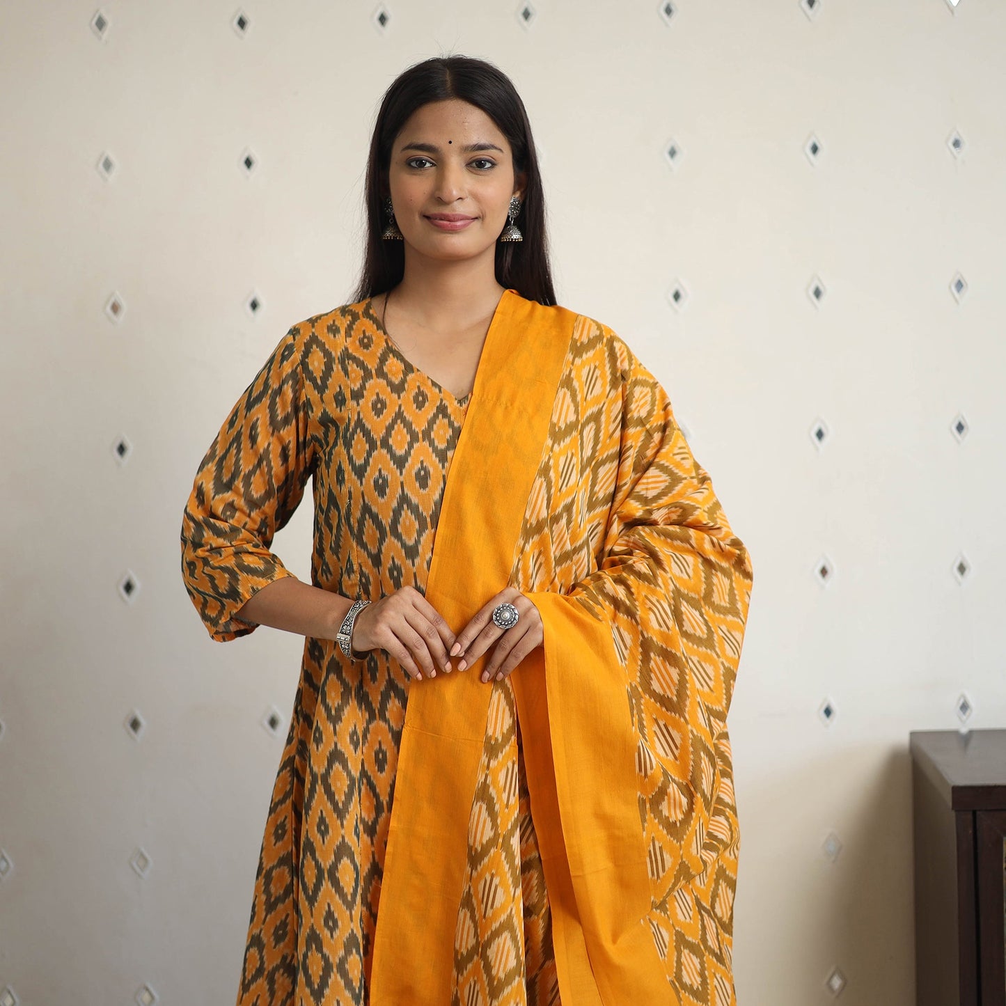 Orange Handloom Cotton Pochampally Ikat Kurta Set (Set of 3)