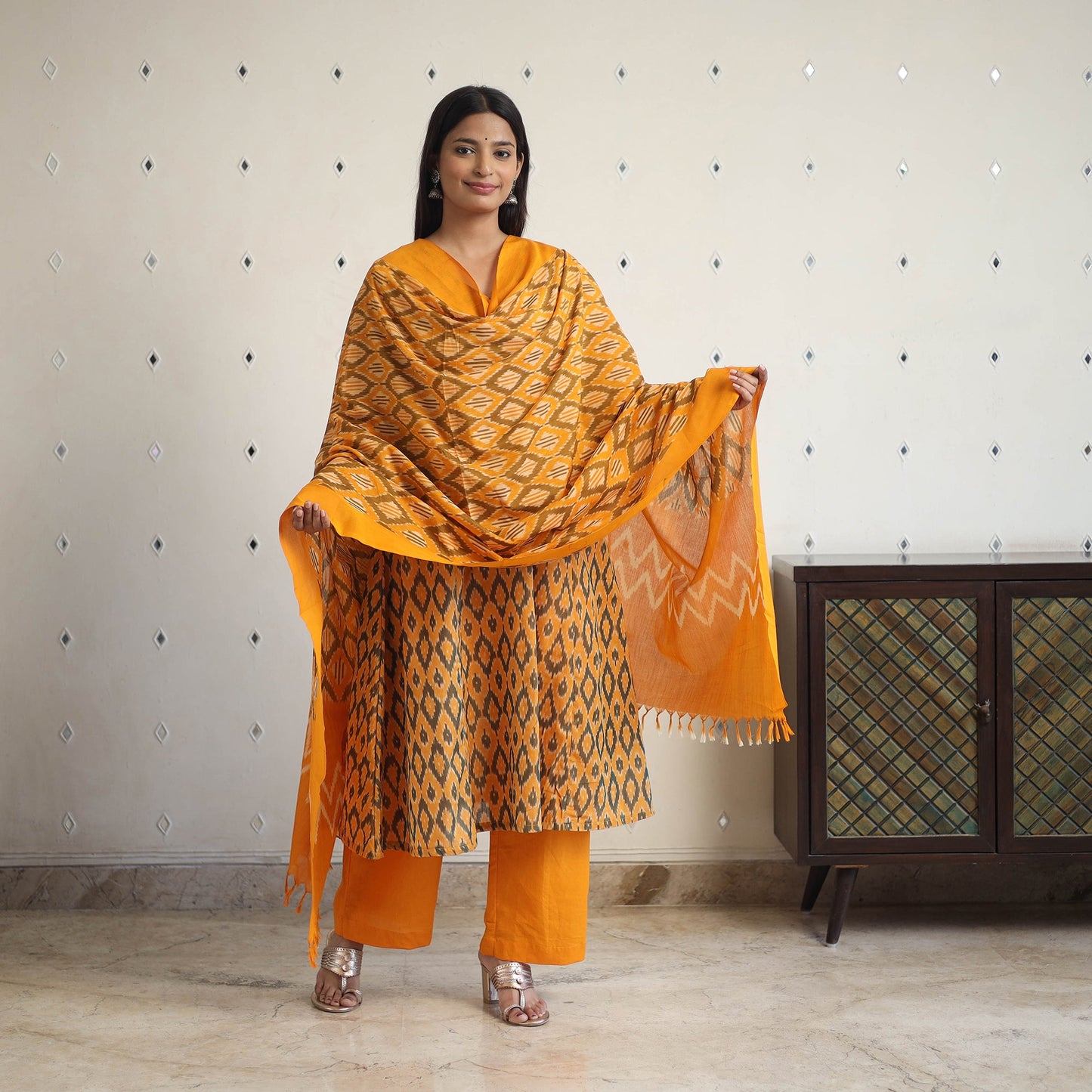 Orange Handloom Cotton Pochampally Ikat Kurta Set (Set of 3)