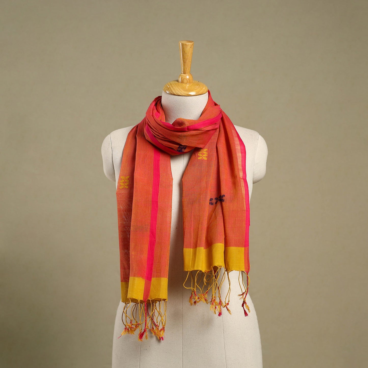 Orange Handloom Cotton Srikakulam Jamdani Stole with Tassels