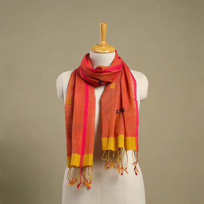 Orange Handloom Cotton Srikakulam Jamdani Stole with Tassels