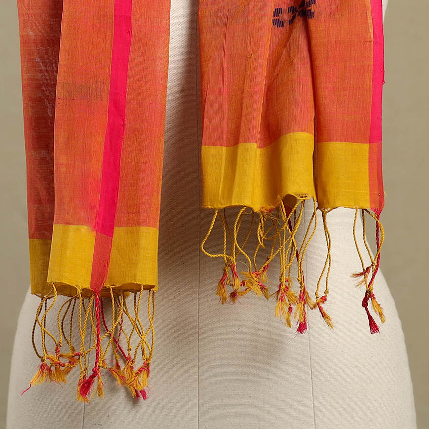 Orange Handloom Cotton Srikakulam Jamdani Stole with Tassels
