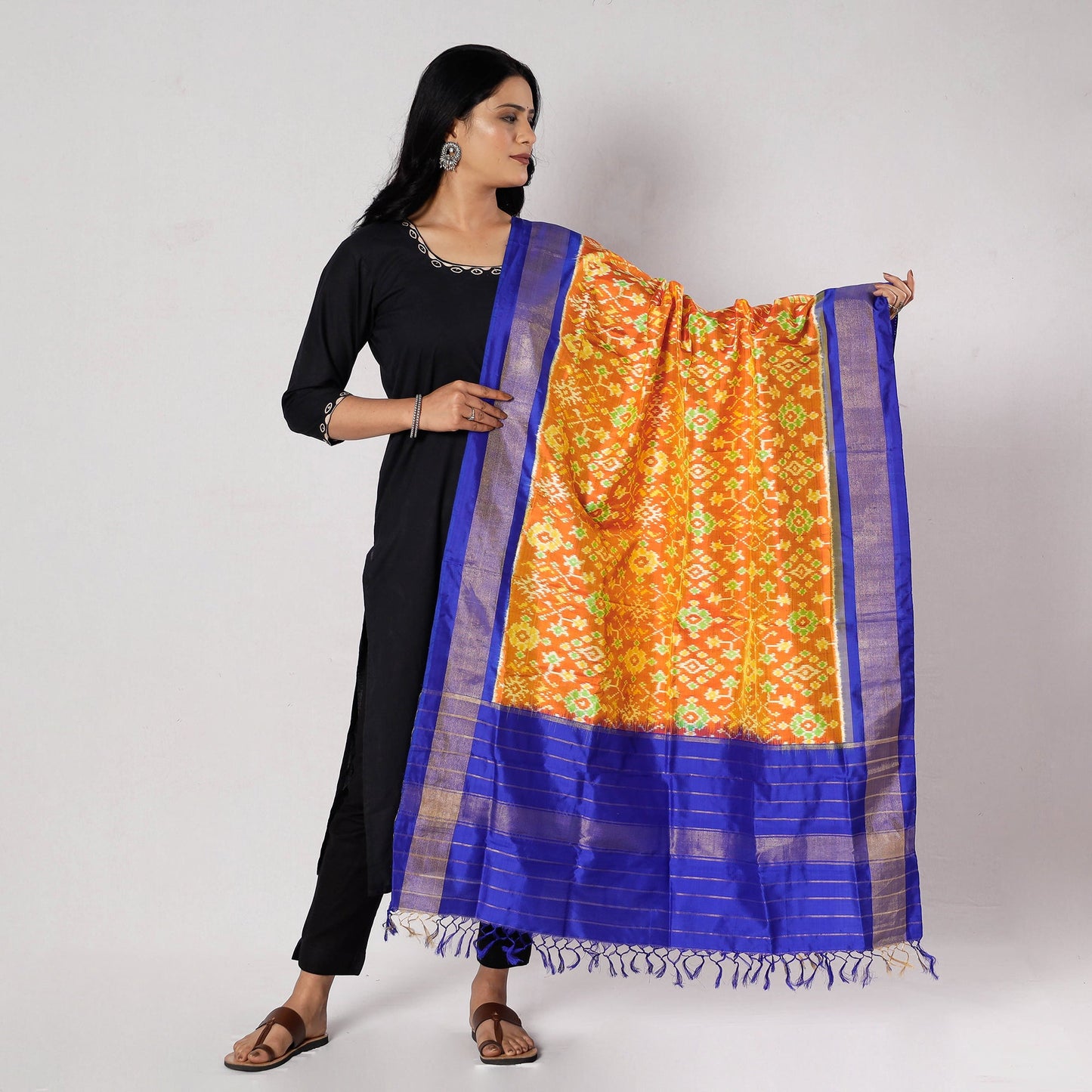  Handloom Pochampally Ikat Mulberry Silk Dupatta with Zari Border 